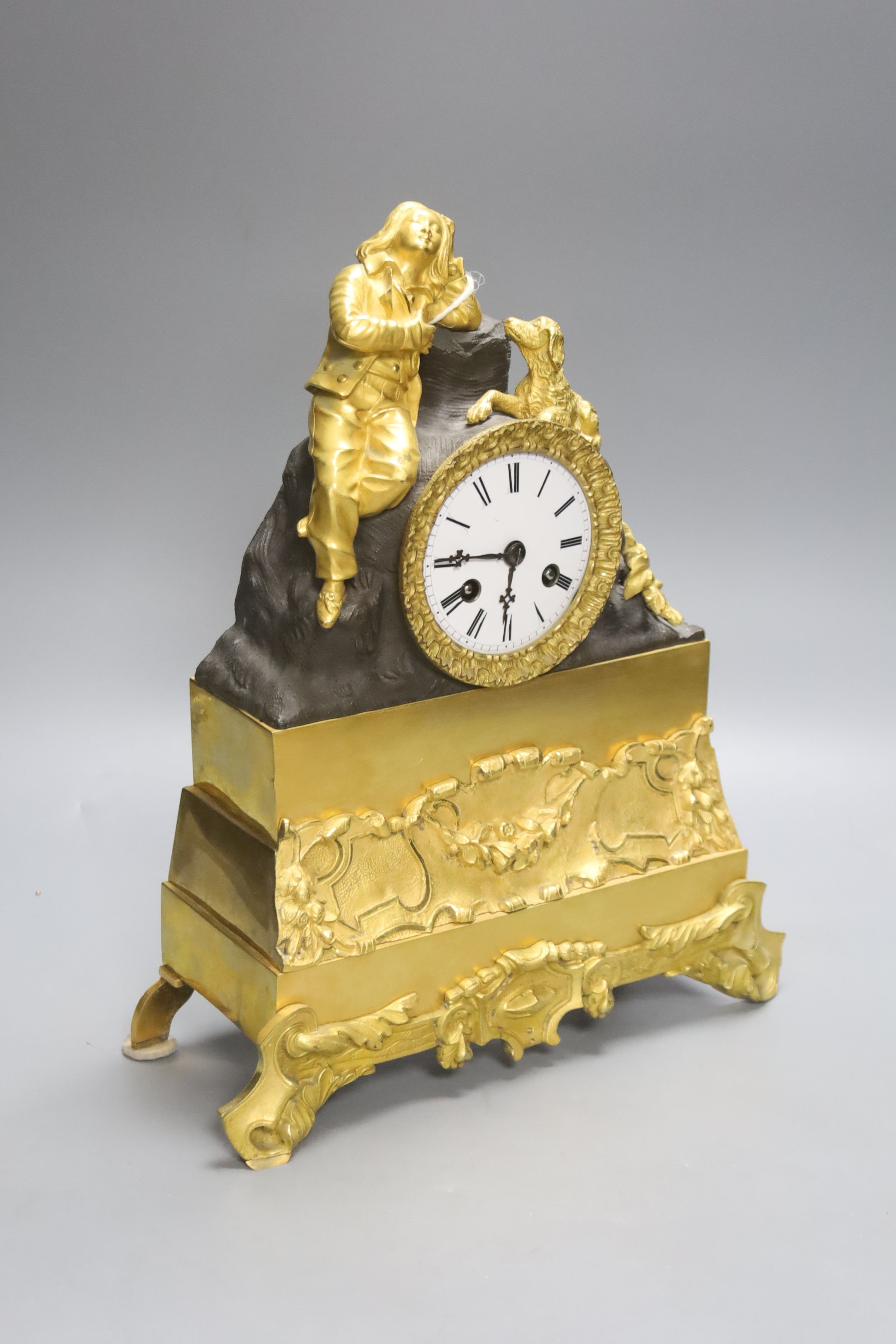 A 19th century French ormolu mantel clock, Marti movement count wheel striking on a bell, with pendulum, 31cm high